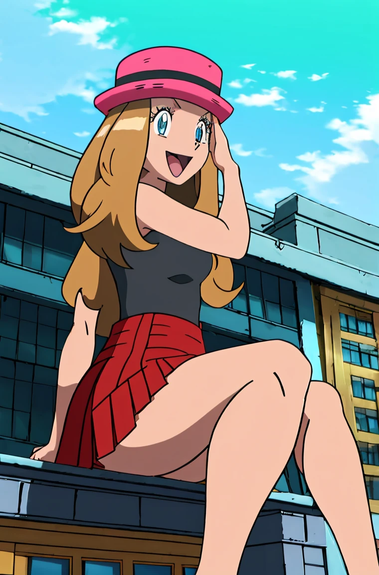 masterpiece, best quality, highres, blue eyes, serena \(pokemon\), 2girl, giantess and tiny woman, duo, thighhighs, long hair, hat, jewelry, bracelet, black thighhighs, collared shirt, pleated skirt, red skirt, upskirt, red panties, lace panties, panties showing, vagina, sleeveless, high-waist skirt, sleeveless shirt, eyelashes, pink headwear, black shirt, eyewear on headwear, (full body:1.5), giantess, shrinken woman, shrinking woman, minigirl, smile, (from below:1.5), (thick thighs:1.4), looking down at viewer, upskirt, character_pokemon_serena, gts, (large breasts:1.3), field, (looming:1.3), mature female, high quality, hd quality, masterpiece, photorealistic, stepping, stockings, show foot, close-up foot, intense angle, :d, (sitting on building:1.6), girl 2 at feet, very low angle, female pervert, toragao, crossed legs, laughing, smug, (sitting:1.5)