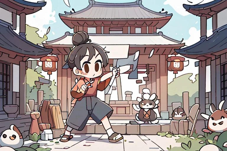 (sticker),#Quality(8k,best quality,masterpiece,cinematic),solo, #1 girl(cute, kawaii,small kid,blown hair,hair bun,classic chinese uniform,brown eyes,big eyes,practicing kungfu,kungfu fighting stance),#background(shaolin temple,big chinese temple),long shot