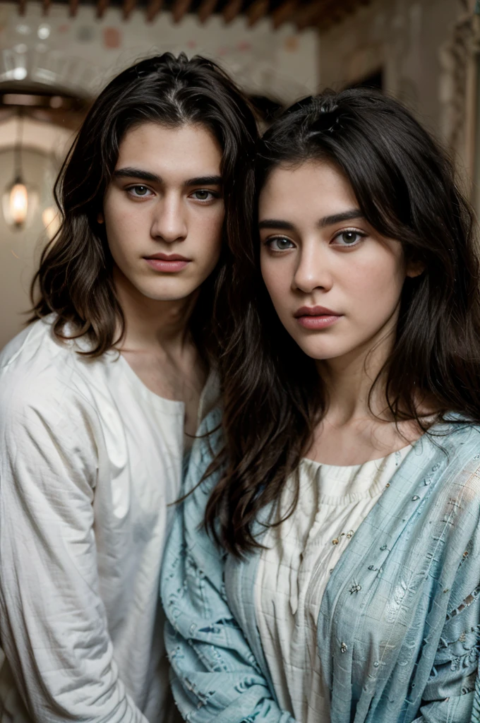 High quality, 8K Ultra HD, hyper-realistic portrait of a perfect 18-year-old Afghani and the most beautiful woman wearing a Afghani dress with her most Hansome 25-year-old boyfriend and are standing in an antique hallway. The artist captures the woman and man are deeply in love with each other and mysterious, long, and slightly wavy black hair, captivating blue eyes that show a sense of mischief, and a confident glance with her and his captivating eyes. Every subtle delicate nuance of her and his attractive face, the intricacies of her and his gaze, and the cascading strands of her and his hair are perfectly captured. The artist employs a mastery of natural studio lighting techniques that perfectly capture her and his entire face and body looking. Her and his entire body are captured in this masterpiece.