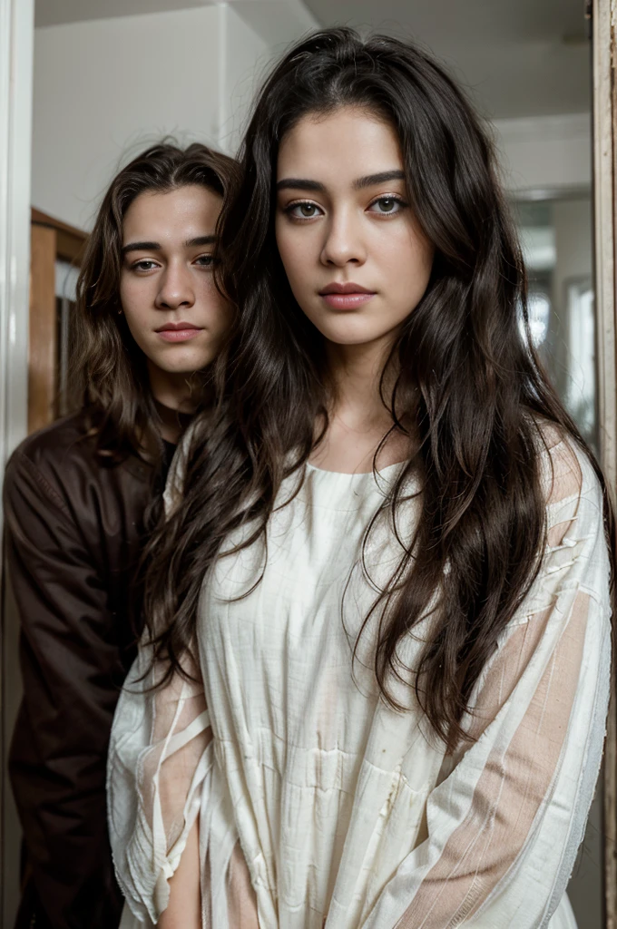 High quality, 8K Ultra HD, hyper-realistic portrait of a perfect 18-year-old Afghani and the most beautiful woman wearing a Afghani dress with her most Hansome 25-year-old boyfriend and are standing in an antique hallway. The artist captures the woman and man are deeply in love with each other and mysterious, long, and slightly wavy black hair, captivating blue eyes that show a sense of mischief, and a confident glance with her and his captivating eyes. Every subtle delicate nuance of her and his attractive face, the intricacies of her and his gaze, and the cascading strands of her and his hair are perfectly captured. The artist employs a mastery of natural studio lighting techniques that perfectly capture her and his entire face and body looking. Her and his entire body are captured in this masterpiece.
