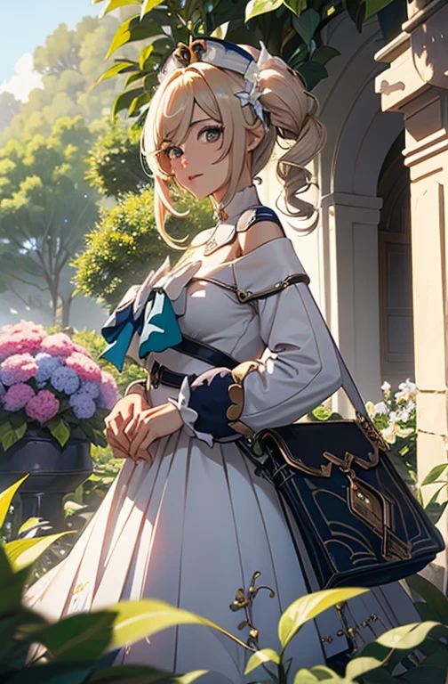 Barbara, 1girl, hat, latin cross, blonde hair, long hair, twintails, twin drills, blue eyes, bow, white dress, frilled skirt, detached sleeves, white pantyhose, book, belt, small girl, beautiful eyes, chopstick legs, standing in a Beautiful garden, high resolution, 4k, 8k, masterpiece, best quality