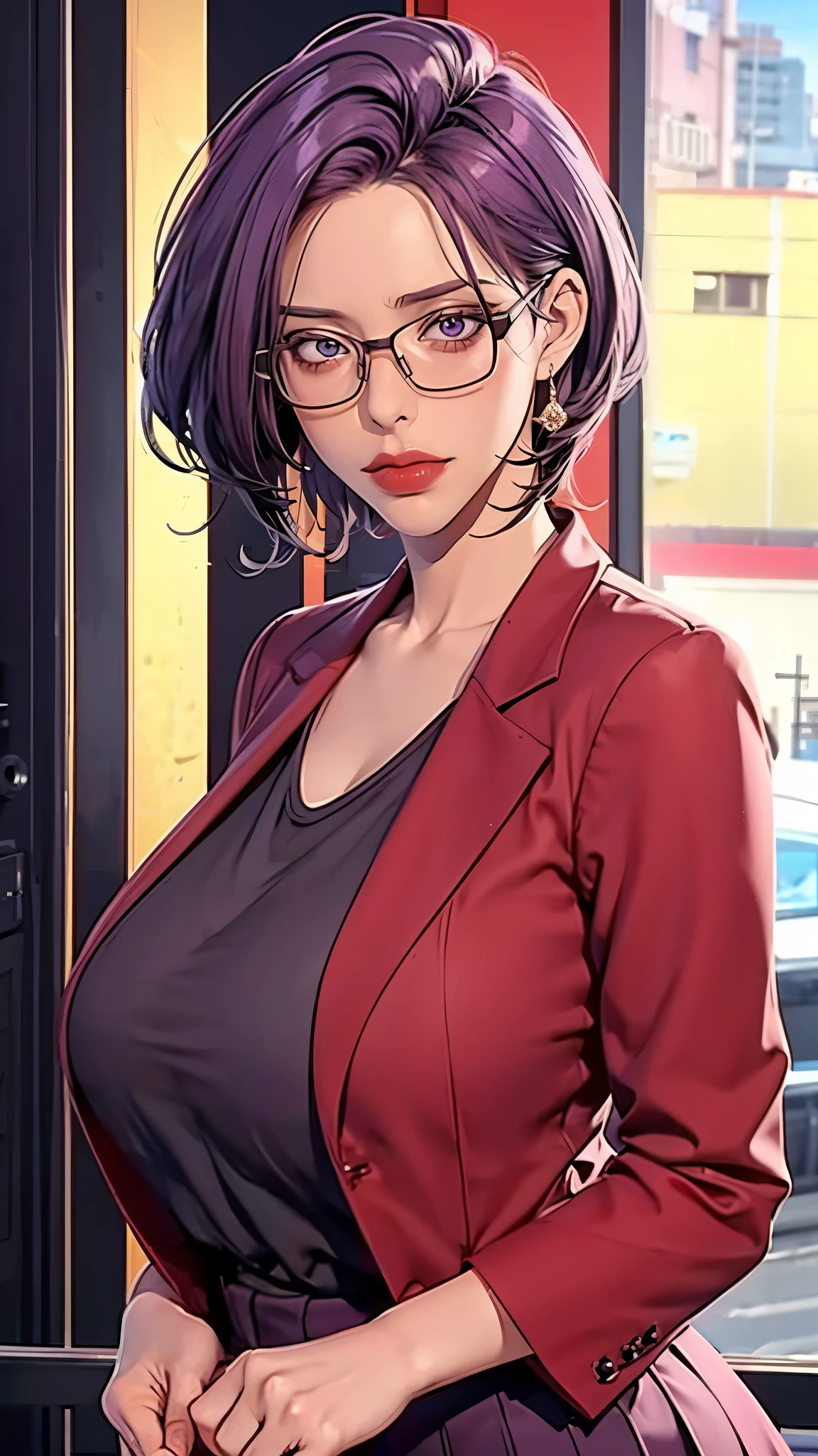 （（（完美figure，figure，Red blazer， gray shirt，hip-covering skirt（（（JMT,Glasses,purple hair,short hair,purple eyes,MiJungdef，purple eyes，purple hair，medium hair，）））型figure:1.7））），((masterpiece)),high resolution, ((Best quality at best))，masterpiece，quality，Best quality，（（（ Exquisite facial features，looking at the audience,There is light in the eyes，Happy，***********nterlacing of light and shadow，huge boobs））），（（（looking into camera，)）））