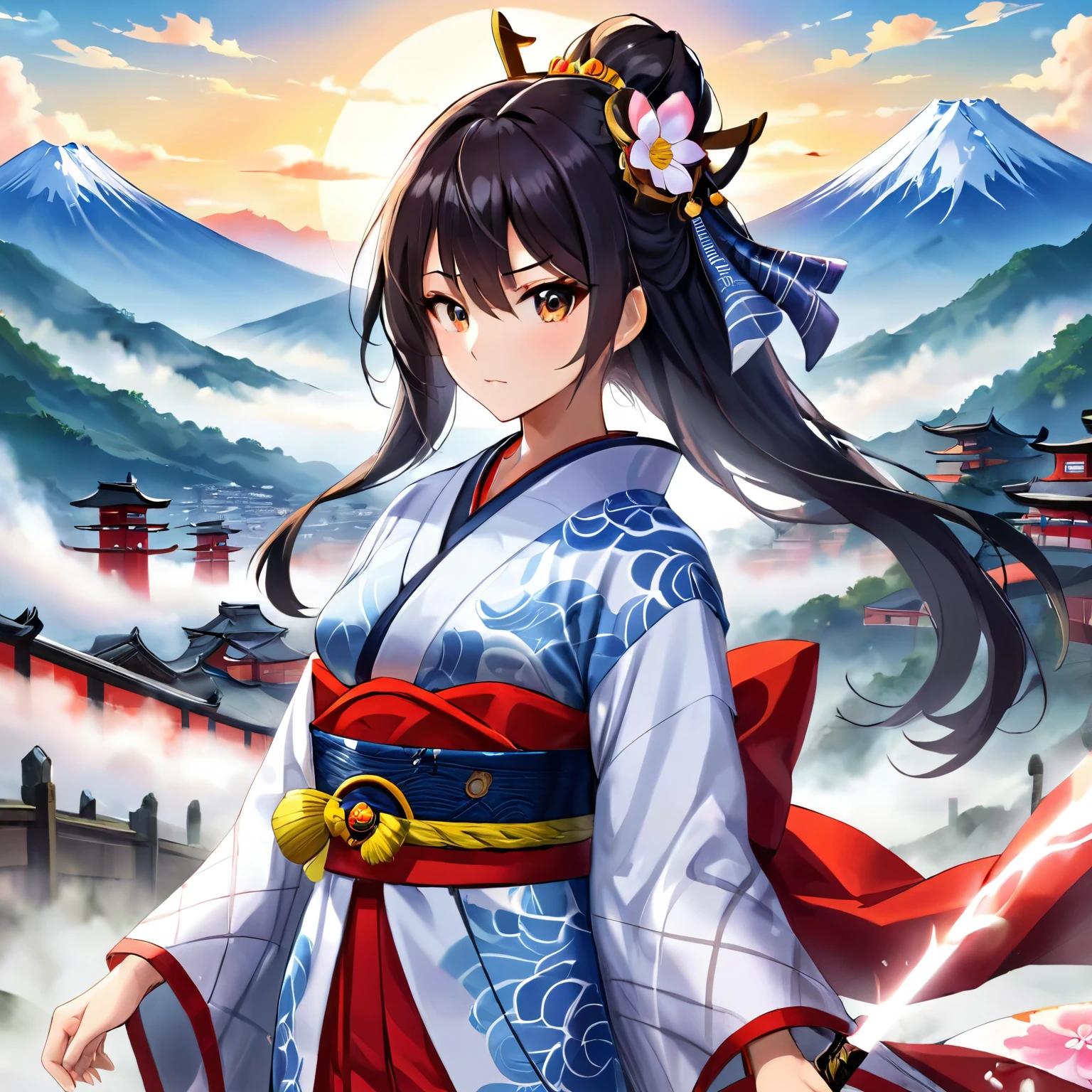 Craft an 8k anime-style masterpiece featuring a singularly beautiful girl who stands as a warlord during Japan's tumultuous Sengoku period. This princess-warlord, or "hime busho," is clad in a traditional kimono that has been stylishly reimagined into a miniskirt, blending the elegance of feudal Japan with a modern twist. Her attire is adorned with patterns that symbolize her clan, incorporating both the fierceness of a warrior and the grace of her noble heritage. She wields a katana, its blade reflecting the resolve in her eyes. The background unveils a sweeping view of the mountains, typical of the Sengoku era landscape, with hints of a castle peeking through the mist, suggesting her domain. This setting captures the beauty and the constant state of alert that defined the era, while the character herself embodies the strength and determination of the period's most revered female warlords.