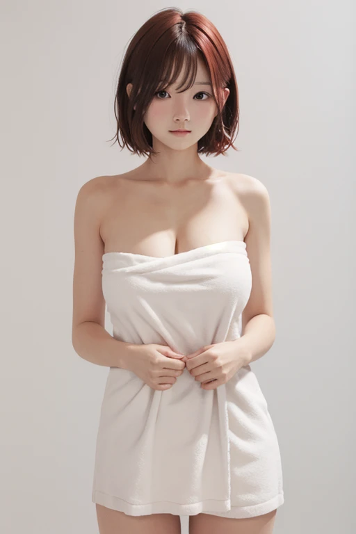 naked towel, big breasts, white background, redhead, alone, 1 girl, blush, towel, looking at the viewer, red eyes, cowboy shot, short hair, clavicle, simple background