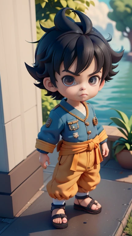 1boy, solo, cute 3d render, cute detailed digital art, male explorer mini cute boy, cute digital painting, stylized 3d render, cute digital art, cute render 3d anime boy, son goku looks up, cute! c4d, portrait anime sea pirate boy, he is wearing an open long-sleeved blue cardigan with four buttons, with a yellow sash tied around his waist, orange shorts with cuffs, sandals.