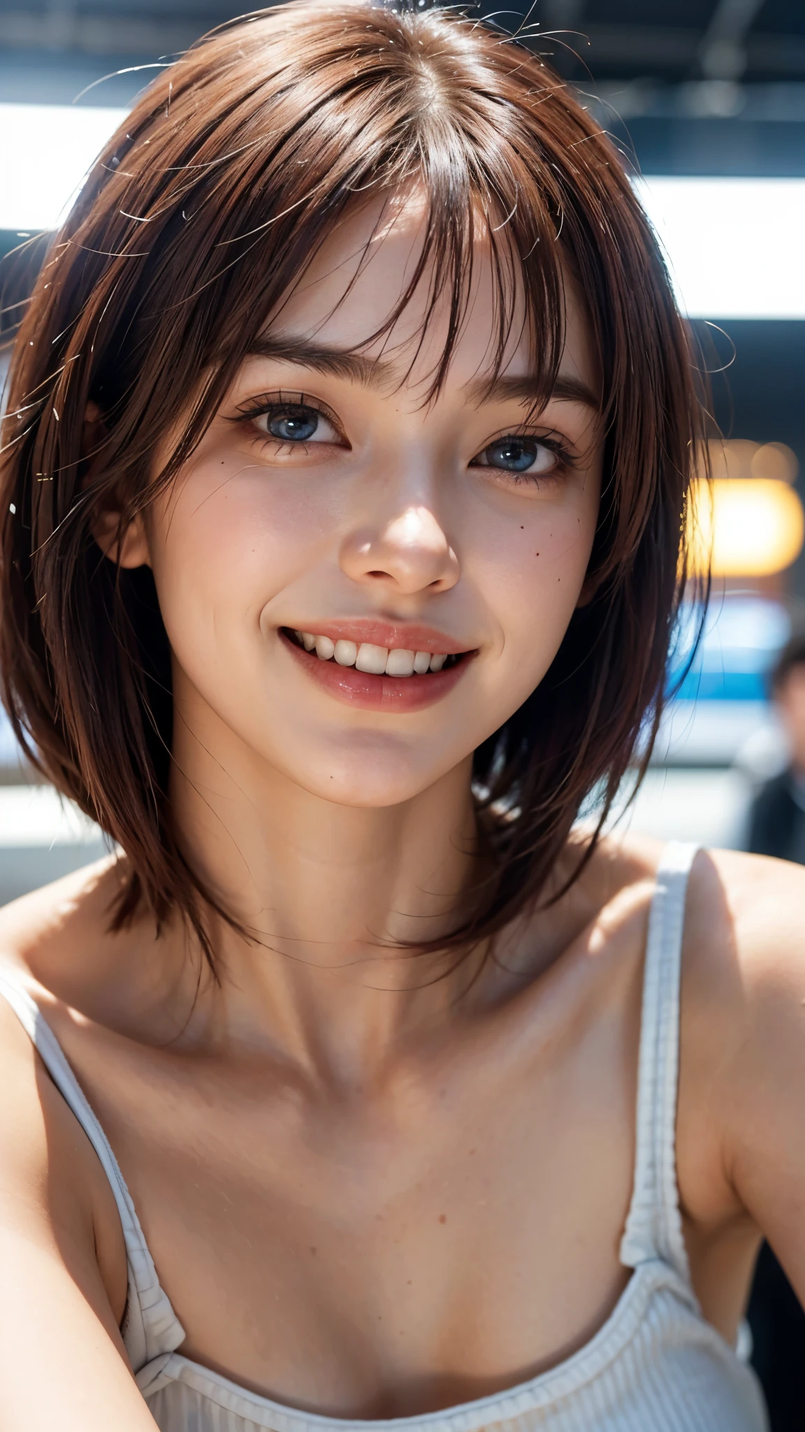 cute 26 year old,1 girl,slim face ,8K,Super realistic image quality,dynamic shadow,sparkling eyes,clear pale blue eyes,movie theater lighting,camisole,strong sunlight, ((face close up:1.4)),((A smile showing white teeth)),((Open mouth and smile happily)),((maroon short hair)),((very short bangs)),close, 8K, Raw photo, highest quality, masterpiece,realistic, photo-realistic,