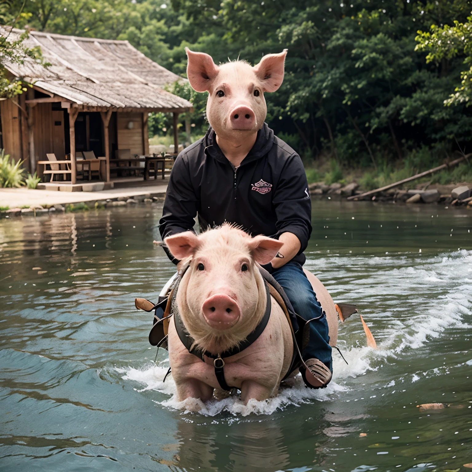 A pig ride a fish 