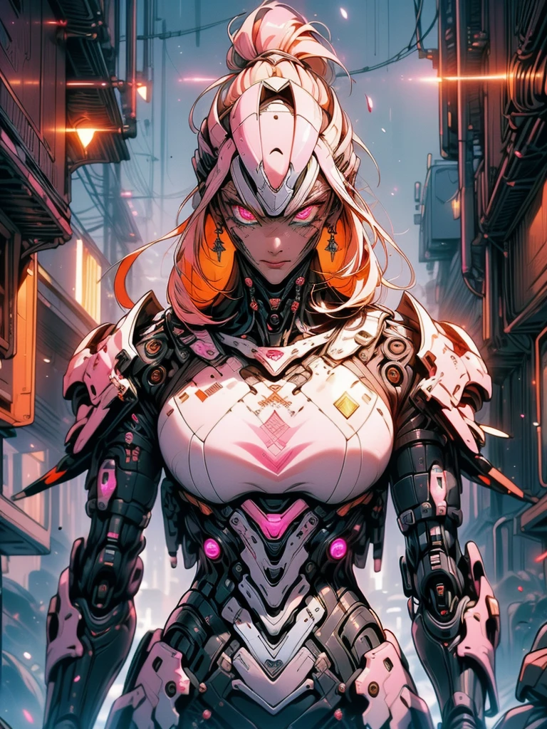 mecha, girl warior , 16k resolution, masterpiece, extremely detailed, High Detail, 1girl ,armor scy-fi(Vista trasera, vista trasera),,(obra maestra:1.4), ((Mejor calidad:1.4 ), (Organic Cyborgs:1.4) , sonrisa adorable,(plastico pink :1.4) , diffuse lighting, Elegante, intrincado, elegant, muy detallado, natural, Fotorrealista, Pintura Digital, estaciones de arte, illustration, arte conceptual, semillas, sharp focus, El arte de John Collier y Albert Obright y Krenz Kusart y Artem Demura, (background alley walls big stones night cyberpunk :1.4), (ojos detailed azules :1.4), (perfect anatomy), {-erro_de_anatomy:1.0}, (colores brillantes)