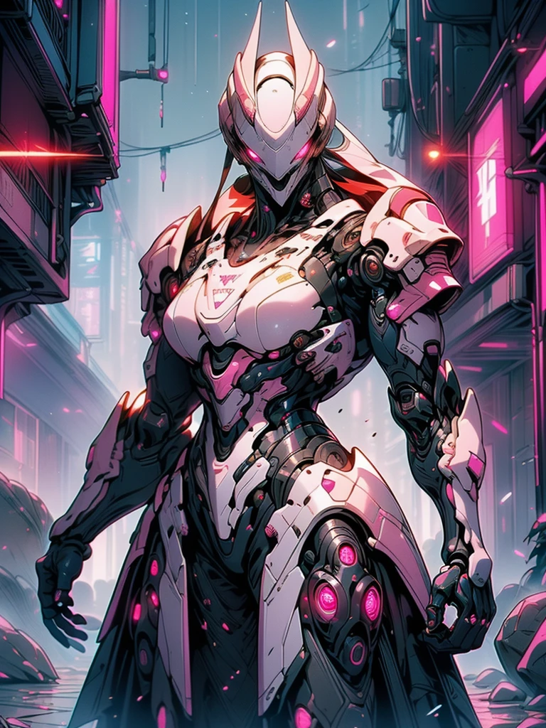 mecha, girl warior , 16k resolution, masterpiece, extremely detailed, High Detail, 1girl ,armor scy-fi(Vista trasera, vista trasera),,(obra maestra:1.4), ((Mejor calidad:1.4 ), (Organic Cyborgs:1.4) , sonrisa adorable,(plastico pink :1.4) , diffuse lighting, Elegante, intrincado, elegant, muy detallado, natural, Fotorrealista, Pintura Digital, estaciones de arte, illustration, arte conceptual, semillas, sharp focus, El arte de John Collier y Albert Obright y Krenz Kusart y Artem Demura, (background alley walls big stones night cyberpunk :1.4), (ojos detailed azules :1.4), (perfect anatomy), {-erro_de_anatomy:1.0}, (colores brillantes)