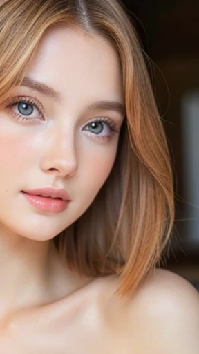 Beautiful white girl with nude lips looks to the camera. Stunning ginger girl. Young beautiful woman with a healthy clean skin. Pretty woman with bright makeup of eyes.