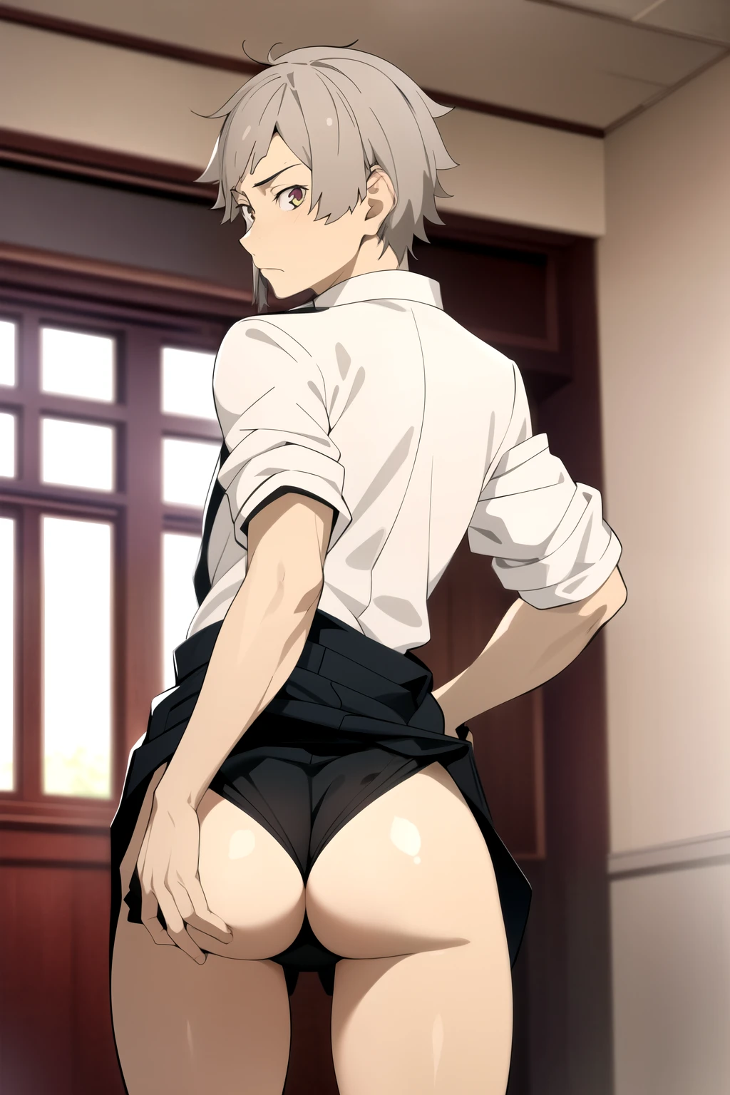 masterpiece, best quality, high quality, 1boy, solo, male focus, looking at viewer, nakajima_atsushi, grey hair, (sport school uniform: 1.2), hentai face,Taisho era, rear view, shows ass, butt 