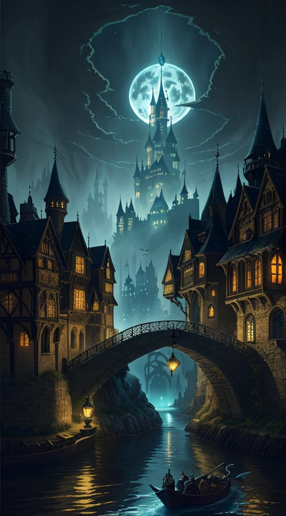 Night scene of the river with the castle as the background, dark fantasy city, Stylized urban fantasy artwork, fantasy cityscape, a bustling magical town, medeival fantasy town, 4k highly detailed digital art, fantasy city background, urban fantasy setting, victorian city, 4K fantasy art, Fantasy City, Medieval city, medieval dark fantasy, Fantasy Town