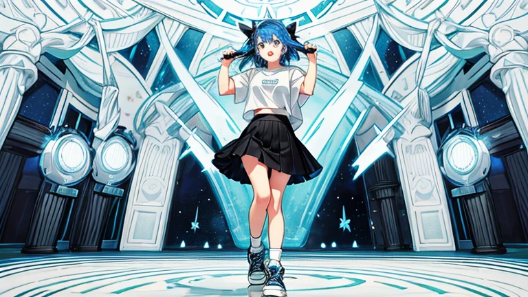 agers beautiful girl with blue hair and blue eyes. wearing a white t-shirt and a black skirt above the knee and white sneaker. singing in a concer with kpop style.