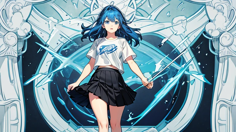 agers beautiful girl with blue hair and blue eyes. wearing a white t-shirt and a black skirt above the knee and white sneaker. singing in a concer with kpop style.