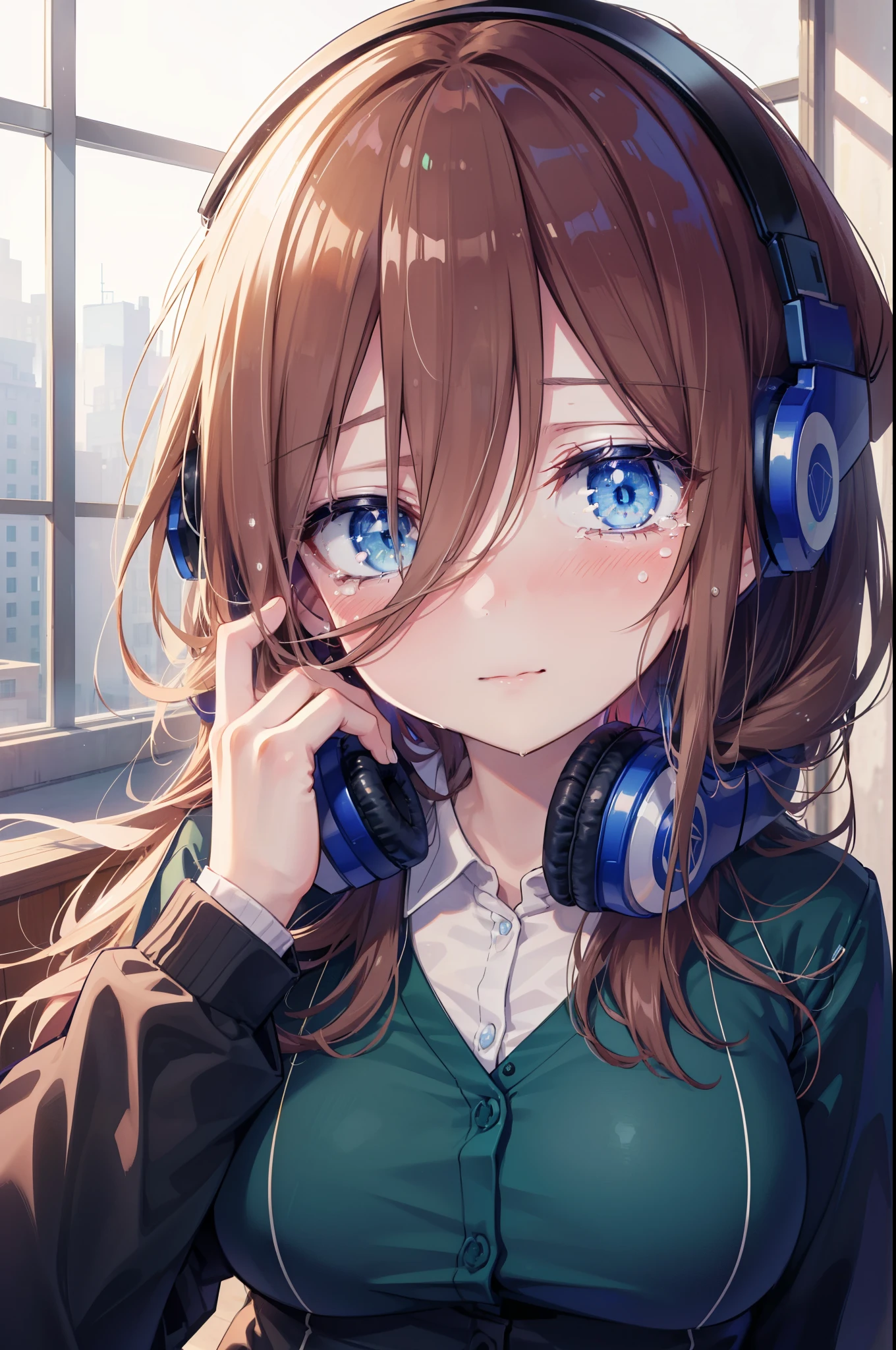 Mikunakano, Miku Nakano, long hair, bangs, blue eyes,brown hair, shirt, hair between eyes, headphones, cardigan, headphones around neck,close both eyes,tears run down her face,Crying with joy,blush,smile, 
break skirt, shirt, long sleeve, white shirt, pantyhose, pleated skirt, black pantyhose, cardigan, green skirt, blue cardigan,evening,
break outdoors, School,Back of school building,
break looking at viewer, 
break (masterpiece:1.2), highest quality, High resolution, unity 8k wallpaper, (figure:0.8), (detailed and beautiful eyes:1.6),  highly detailed face, perfect lighting, Very detailed CG, (perfect hands, perfect anatomy),