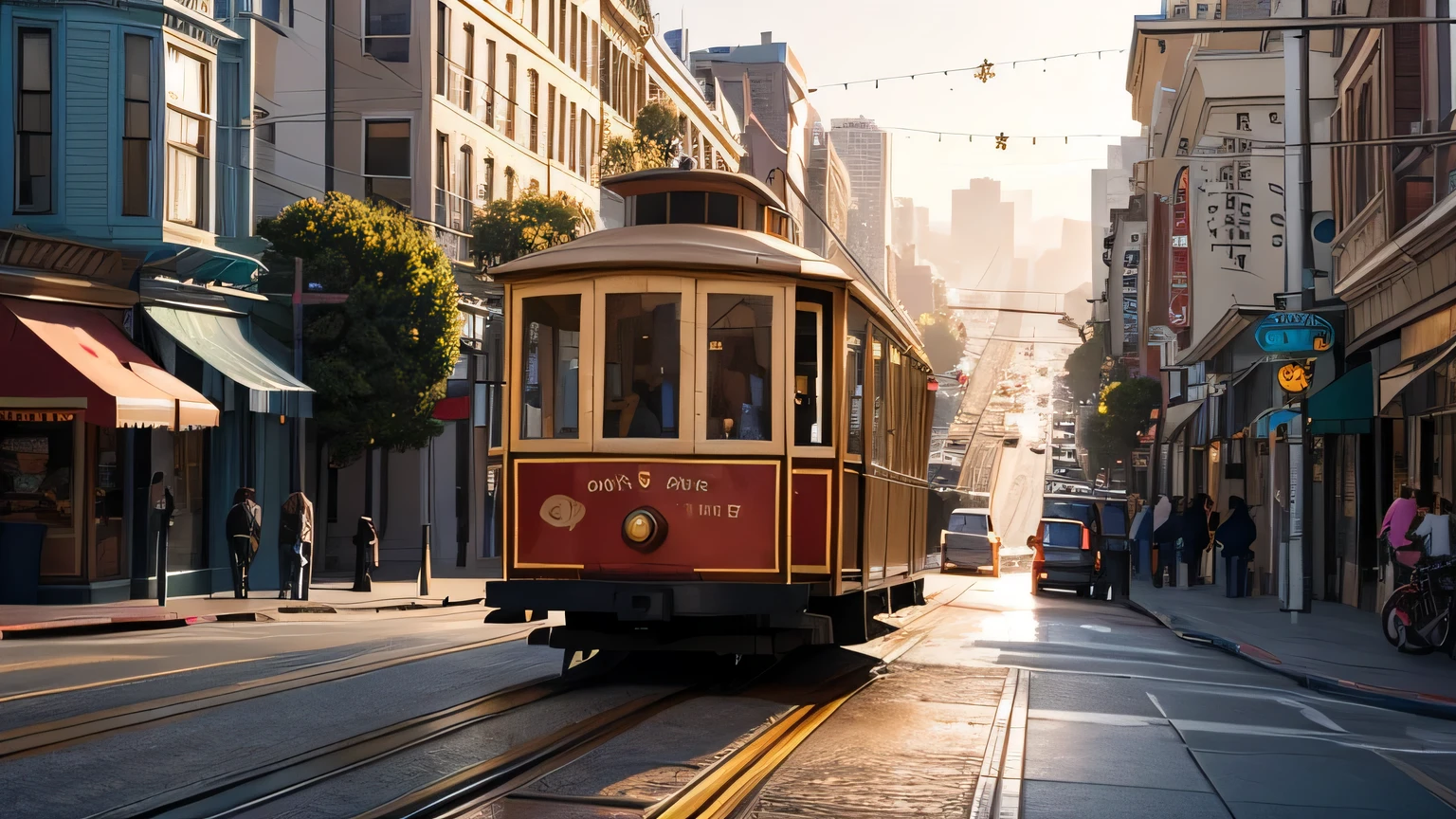 landscape photography，CABLE CAR on MARKT STREET, San Francisco, Head-up perspective，Morning golden hour sunlight lighting，National Geographic Photography，Award-winning works。