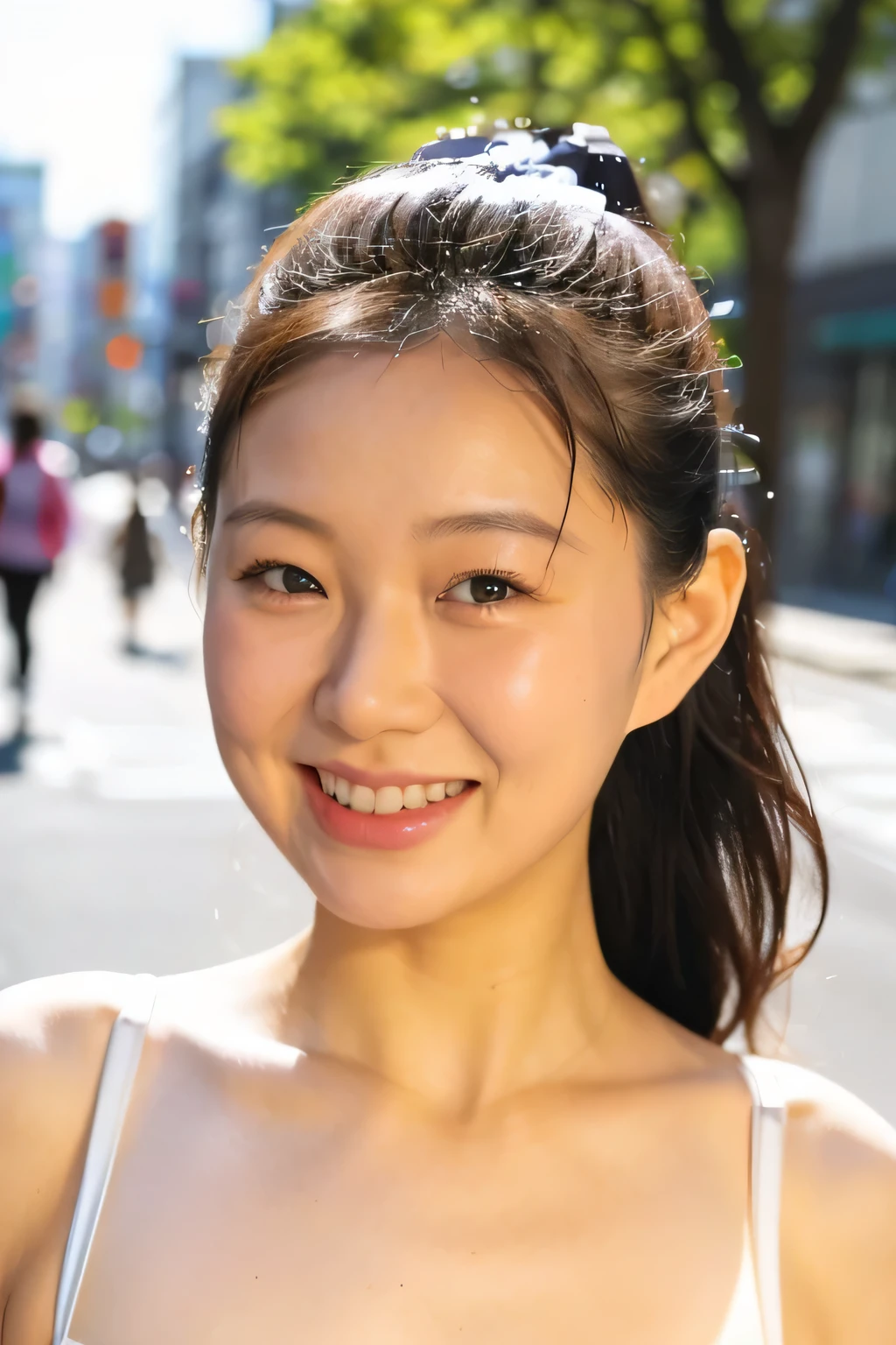 NSFW:1.5,((highest quality、8K resolution、master masterpiece、portrait:1.3)), Photoreal, 35mm film, 1 Japanese female, Upper body、on the street during the day,tassel ,ponytail, wrinkles around the eyes, plump body、smile,((white bra_panties:1.3)) , (outdoor:city street 1.3), jumbled background,look at the audience,Tokyo cityscape:1.3,smile