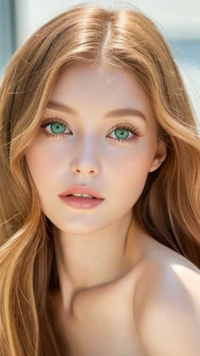 Beautiful white girl with nude lips looks to the camera. Stunning ginger girl. Young beautiful woman with a healthy clean skin. Pretty woman with bright makeup of eyes. Symmetric face, symmetric eyes, green eyes.