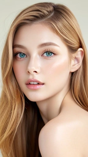 Beautiful white girl with nude lips looks to the camera. Stunning ginger girl. Young beautiful woman with a healthy clean skin. Pretty woman with bright makeup of eyes. Symmetric face, symmetric eyes, green eyes.