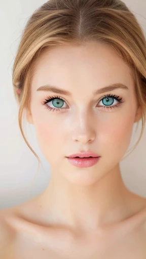 Beautiful white girl with nude lips looks to the camera. Stunning ginger girl. Young beautiful woman with a healthy clean skin. Pretty woman with bright makeup of eyes. Symmetric face, symmetric eyes, green eyes.