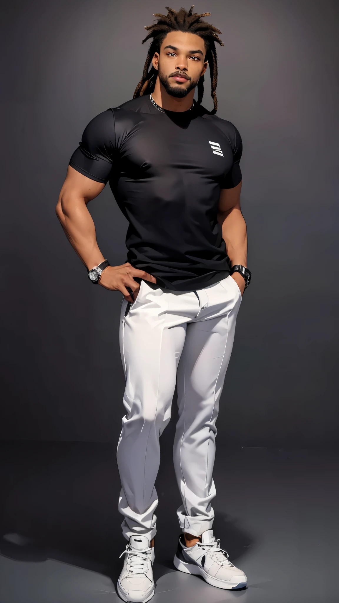 ((best quality,4k,highres,masterpiece:1.2)),((character concept art)), 1 male, 19-year-old African-American exchange student from U.S., college league player, American Football, Running Back position, athlete, athletic body, tall, broad shoulders, broad chest, very strong arms and legs, very muscular, dreadlock hairstyle, Andrew Tete's traits and personality - pragmatic, driven, intelligent, compassionate, reliable, womanizer, party goer, arrogant, extrovert, famous for big cock, wearing. black t-shirt, Richard Mille wristwatch, luxury brand sneaker, diamond stud earring, stylish sneakers, confident smirk, intense gaze, (standing confidently), (full body showcase), (show full body), (no logos on background), (no logo), ((plain background)), ((plain background)), (((empty background)))