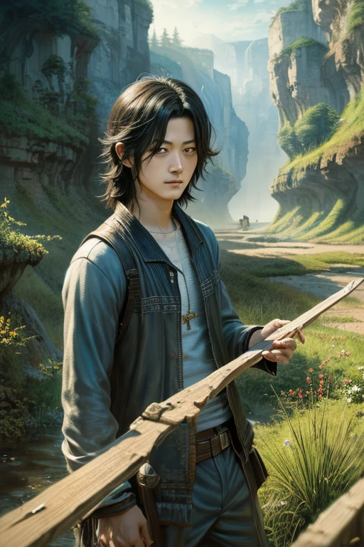 A beautiful depiction of Ryoma Sakamoto, a great Japanese figure., high quality, Ultra-detailed CG illustration of Ryoma Sakamoto with a calm expression. The scenery behind him is vast and breathtaking, Draw the viewer into a world of surprise and exploration.Painted from the front