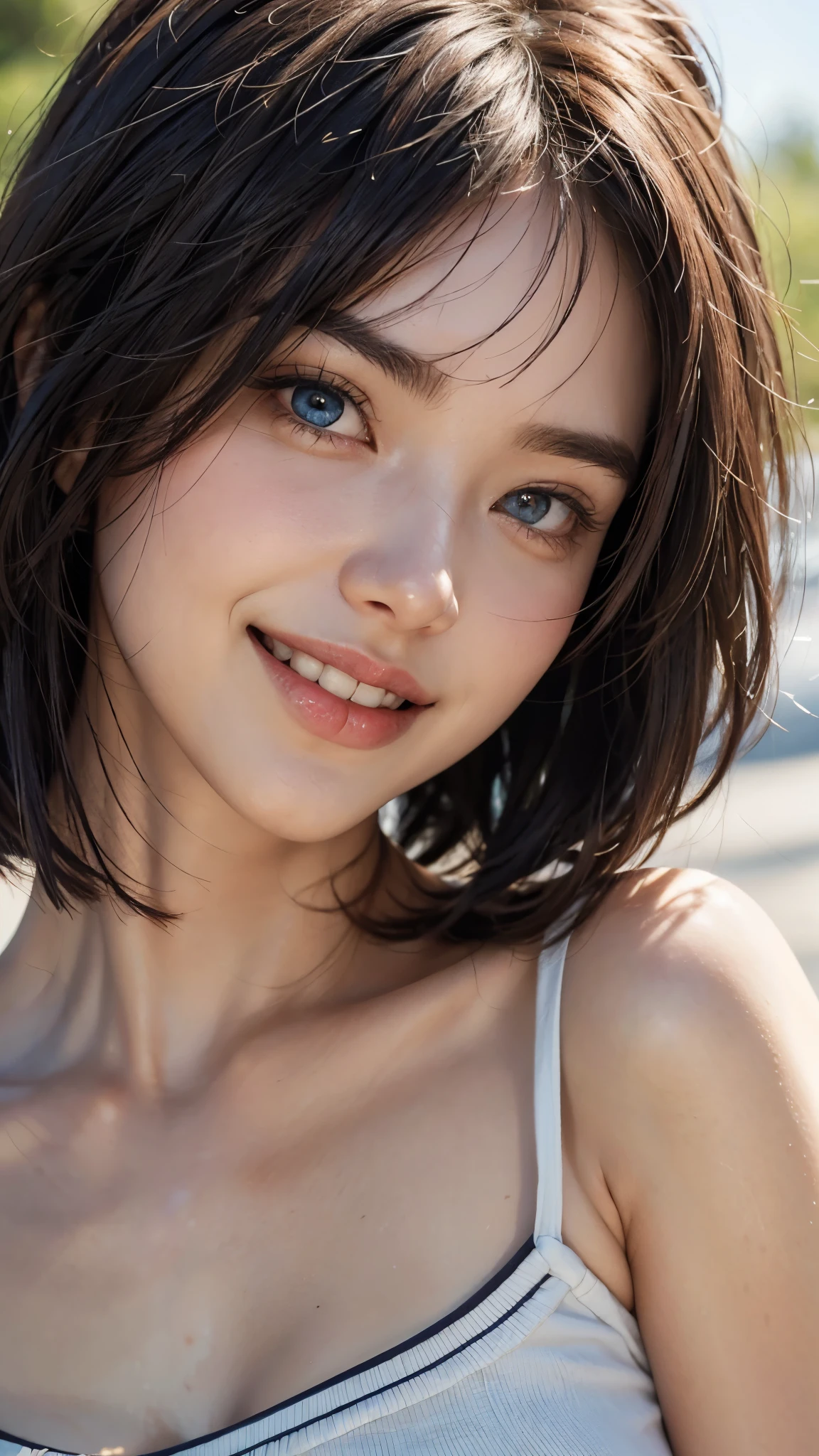 cute 26 year old,1 girl,slim face ,8K,Super realistic image quality,dynamic shadow,sparkling eyes,clear pale blue eyes,movie theater lighting,camisole,strong sunlight, Light colored sunglasses,((face close up:1.4)),((A smile showing white teeth)),((Open mouth and smile happily)),((maroon short hair)),((very short bangs)),close, 8K, Raw photo, highest quality, masterpiece,realistic, photo-realistic,