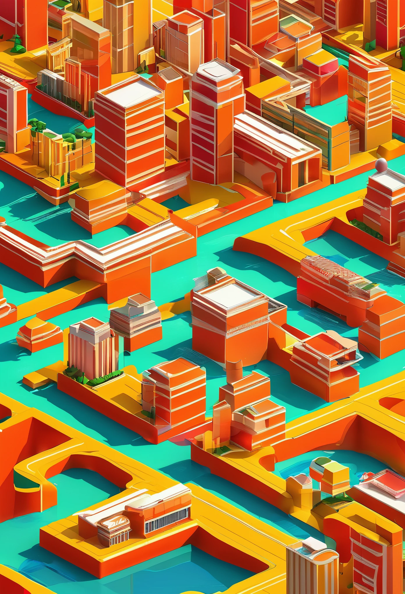 Create a stunning graphic design of a 3D geometric cityscape viewed from above, featuring vibrant and eye-catching colors. The design should showcase intricate details and precision, with buildings arranged in a captivating layout. Ensure that the cityscape exudes a sense of modernity and innovation, drawing viewers in with its high-quality and visually striking presentation. The aerial perspective should provide a unique and dynamic view, suitable for NFT use and guaranteed to capture the imagination of all who see it