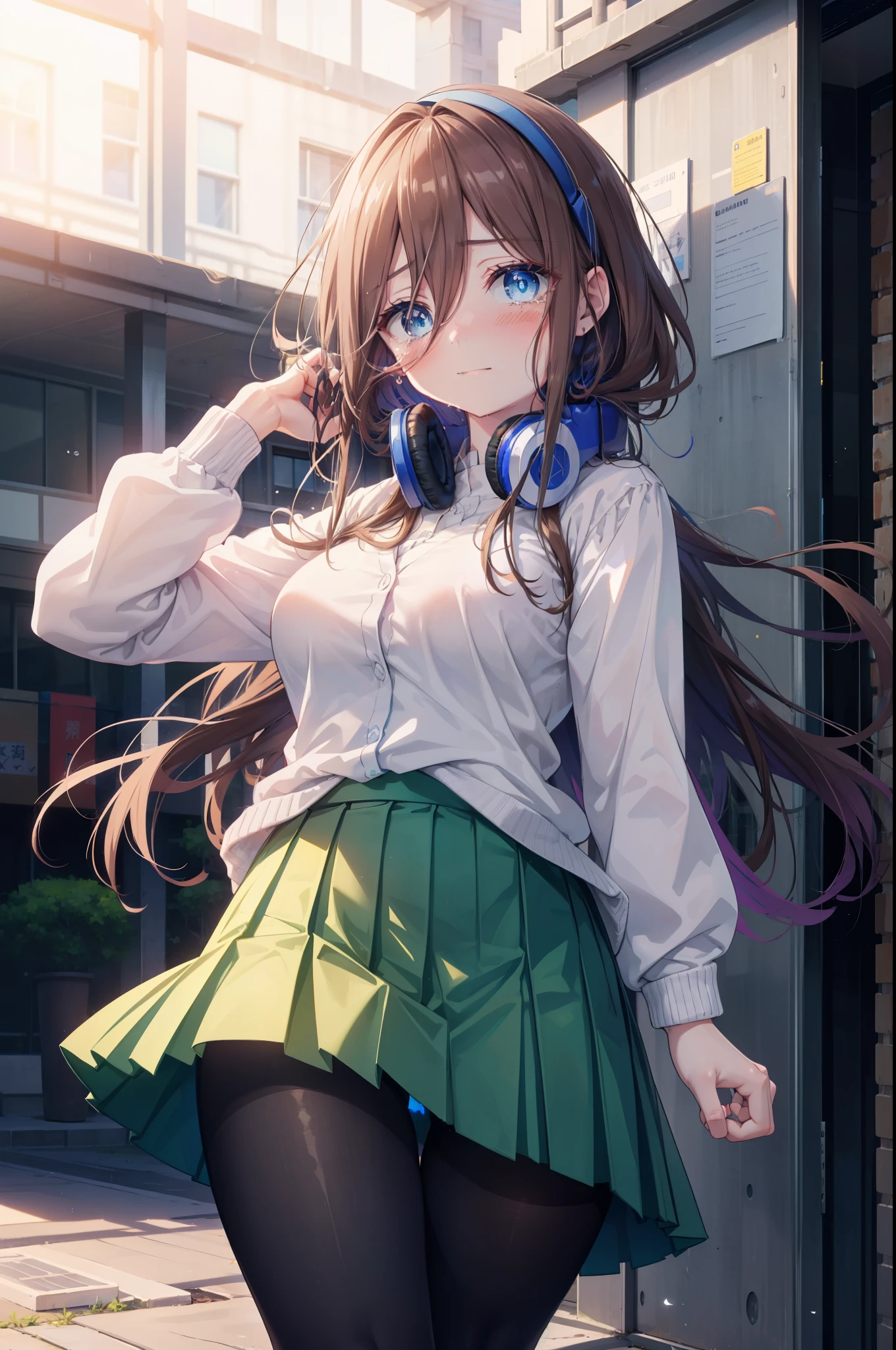 Mikunakano, Miku Nakano, long hair, bangs, blue eyes,brown hair, shirt, hair between eyes, headphones, cardigan, headphones around neck,close both eyes,tears run down her face,Crying with joy,blush,smile, 
break skirt, shirt, long sleeve, white shirt, pantyhose, pleated skirt, black pantyhose, cardigan, green skirt, blue cardigan,evening,
break outdoors, School,Back of school building,
break looking at viewer, 
break (masterpiece:1.2), highest quality, High resolution, unity 8k wallpaper, (figure:0.8), (detailed and beautiful eyes:1.6),  highly detailed face, perfect lighting, Very detailed CG, (perfect hands, perfect anatomy),