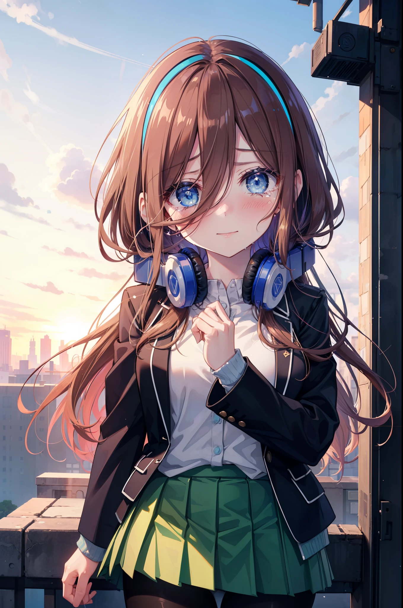 Mikunakano, Miku Nakano, long hair, bangs, blue eyes,brown hair, shirt, hair between eyes, headphones, cardigan, headphones around neck,close both eyes,tears run down her face,Crying with joy,blush,smile,
break skirt, shirt, long sleeve, white shirt, pantyhose, pleated skirt, black pantyhose, cardigan, green skirt, blue cardigan,evening,
break outdoors, School,Back of school building,
break looking at viewer,
break (masterpiece:1.2), highest quality, High resolution, unity 8k wallpaper, (figure:0.8), (detailed and beautiful eyes:1.6), highly detailed face, perfect lighting, Very detailed CG, (perfect hands, perfect anatomy),