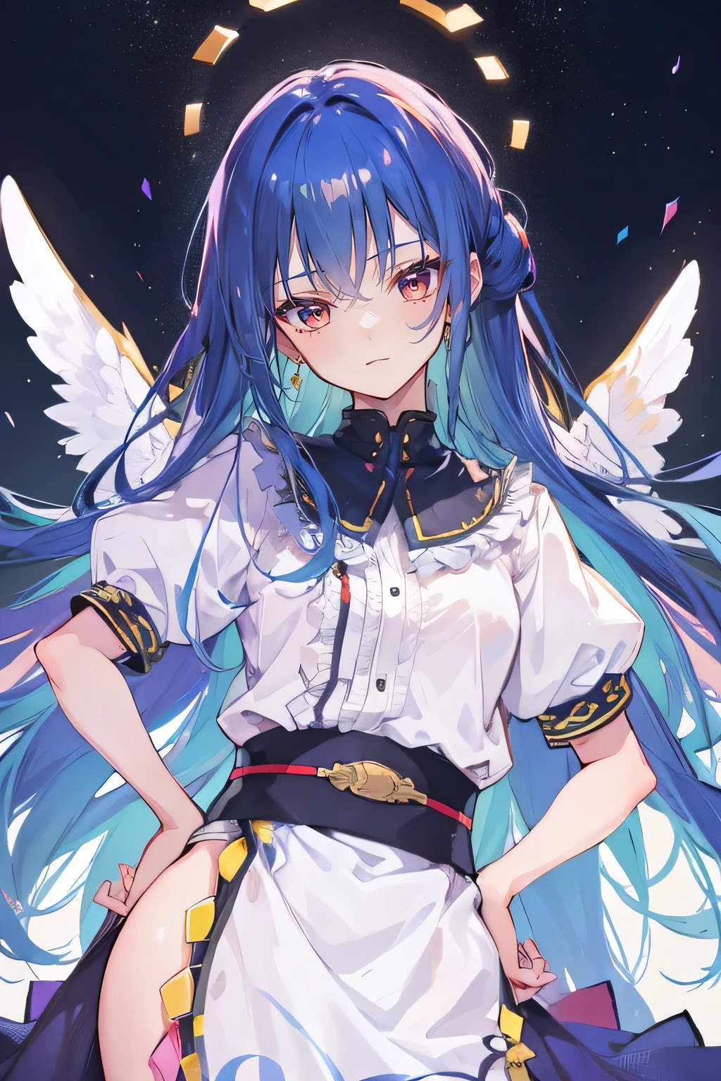 (best quality,highres,masterpiece:1.2),ultra-detailed,(realistic:1.37), expressive eyes, perfect face, 1 girl, hands on waist, beautiful, glamorous, Japanese anime, girl, Lola, Chouno Angel, blue hair, floating clothes, waist grabbing, hands on hips, flat-chested, starry sky