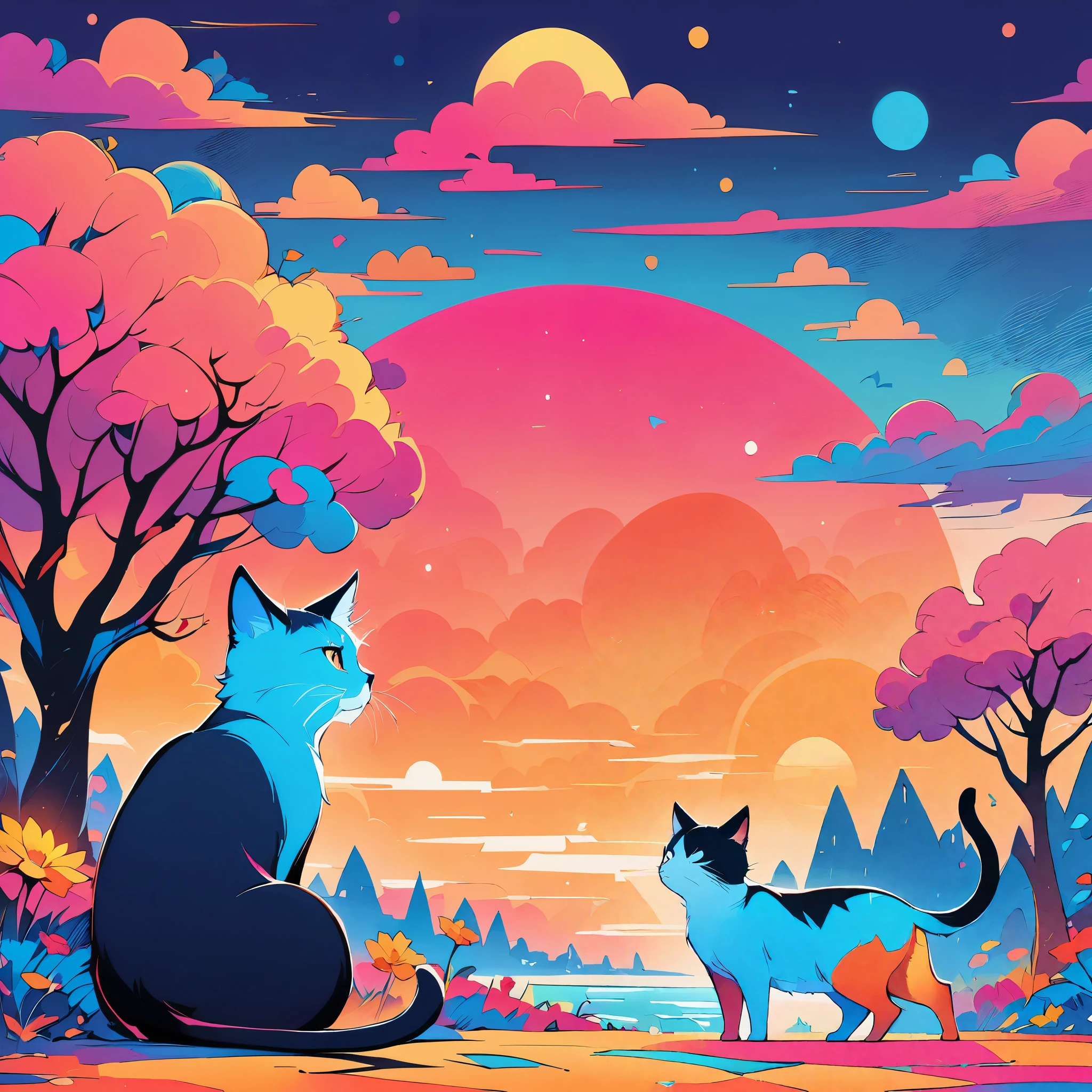 Super nice background,clean background,abstract painting,Vibrant colors,a cat,under the sun,trees