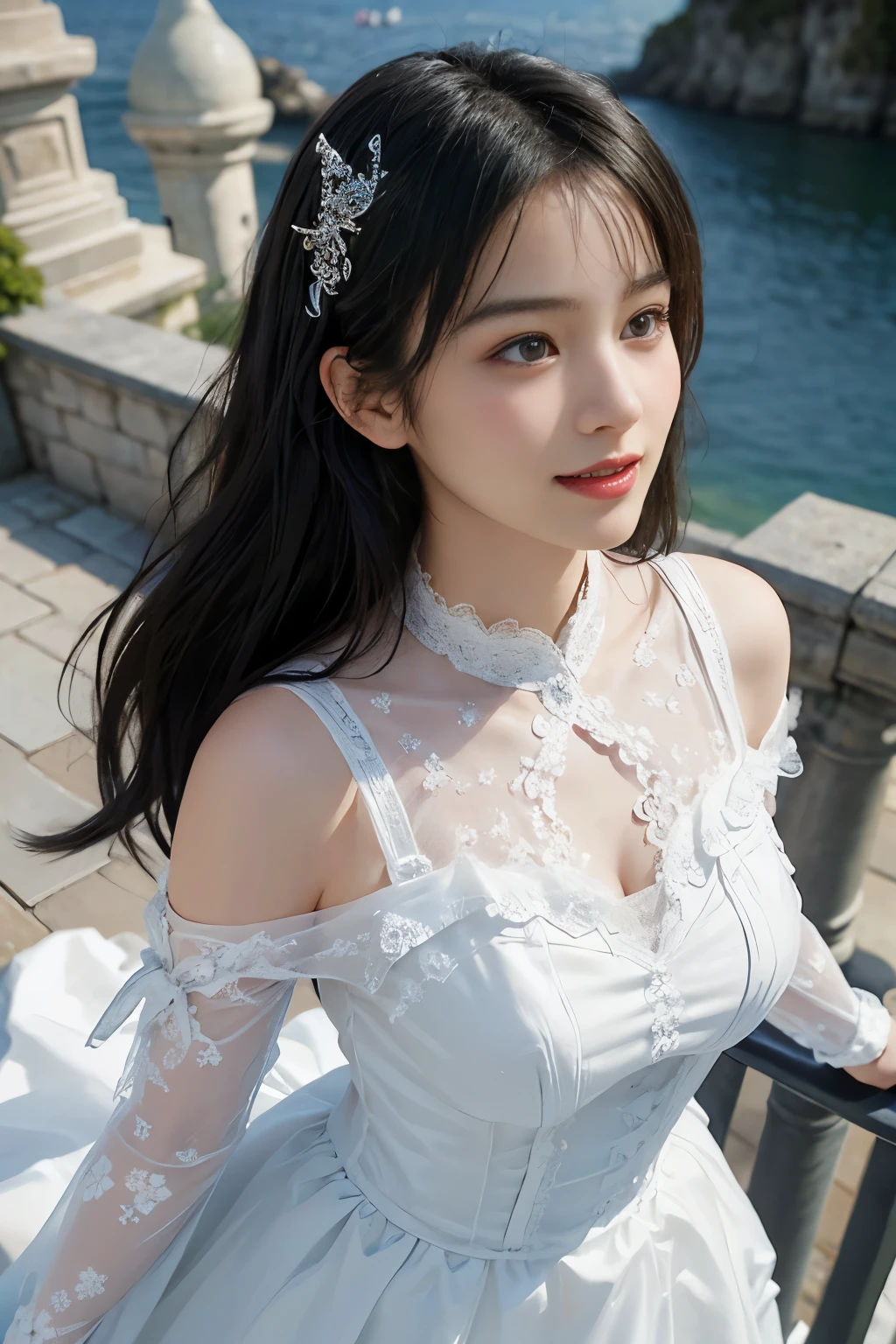 best quality、tmasterpiece、ultra high resolution、actual、1 girl、Glossy skin、((Surreal detailed))、Global photo、8K、Highly complex details、shinning eyes、Black straight hair、slender body、plump breasts、highkey、pureerosfaceace_v1、A smile、Elegant pose、White lace dress、Beautiful woman standing on the balcony of the castle