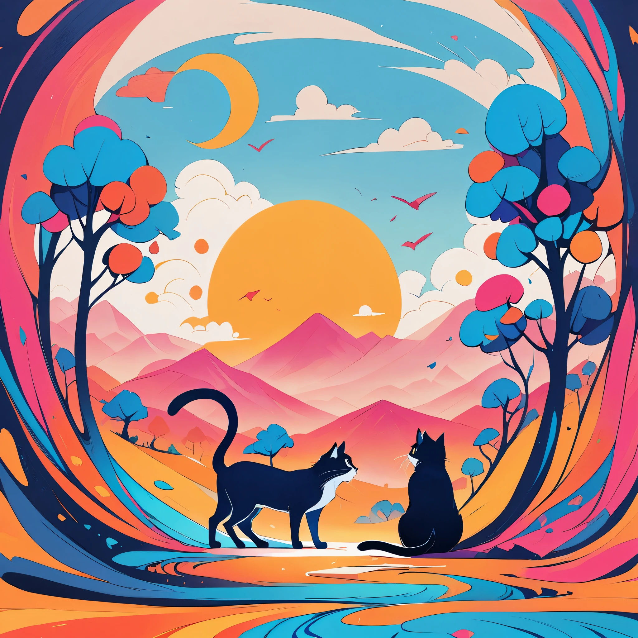 Super nice background，clean background，abstract painting，Vibrant colors，a cat，under the sun，trees