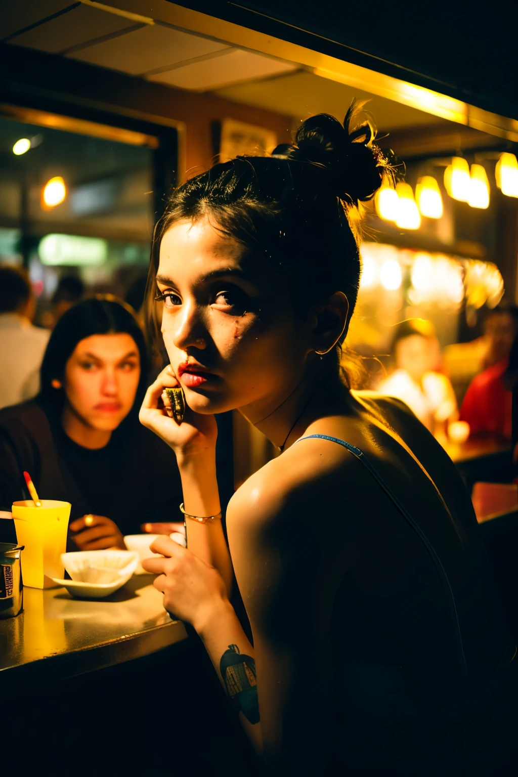((Best quality)), ((masterpiece)), (detailed), perfect face, upper body shot, girl, makeup, small tattoos, hair bun, casual clothes, inside of a diner, neon signs, window, dim lighting, night time, professional photograph, (bella kotak style of photography, paolo roversi style, tim walker style)