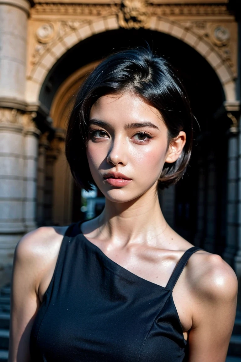 Beautiful french Female , arc de tromphe, short hair