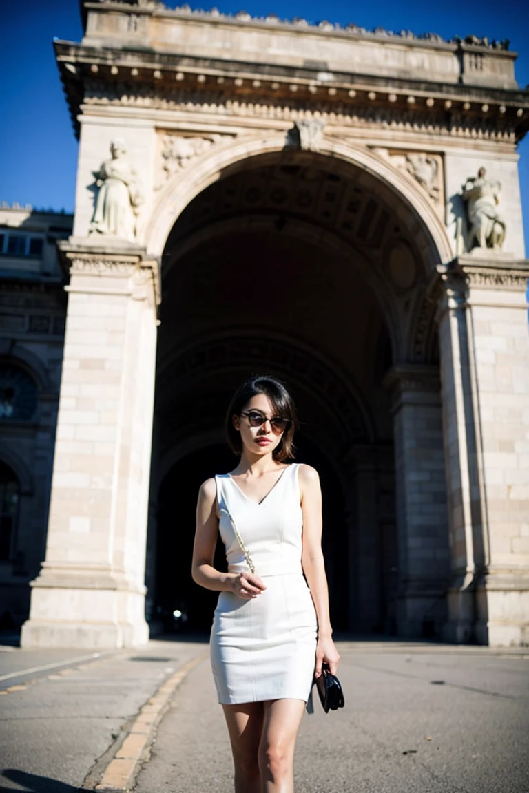 Beautiful french Female , arc de tromphe, short hair