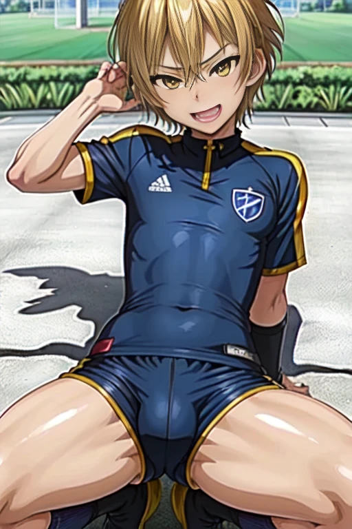 (((official art,Super thin illustration,High resolution, muste piece, best quality,best quality,)))high quality, detailed, (),12 years o)、 A young ace striker male idol with a super cute face,A boy as beautiful as Planding, Cool handsome face with a smile, soccer spike, long legs, thighs, Foots, No bulge, (blonde、short hair)、shiny hair, (Tight shiny random color soccer uniform suit), (tight and shiny soccer shorts), (soccer socks), grassy area, cool pose, (厚いthighs、Seducing a big ass into your crotch)、(((soccer field in the park)))、((Saucy、))、grinning grin、spread legs,ultra fine painting, (best quality, In 4K, 8K, High resolution, muste piece:1.2),service shot、((detailedな目:1.2))、showing off his big butt、proud butt、