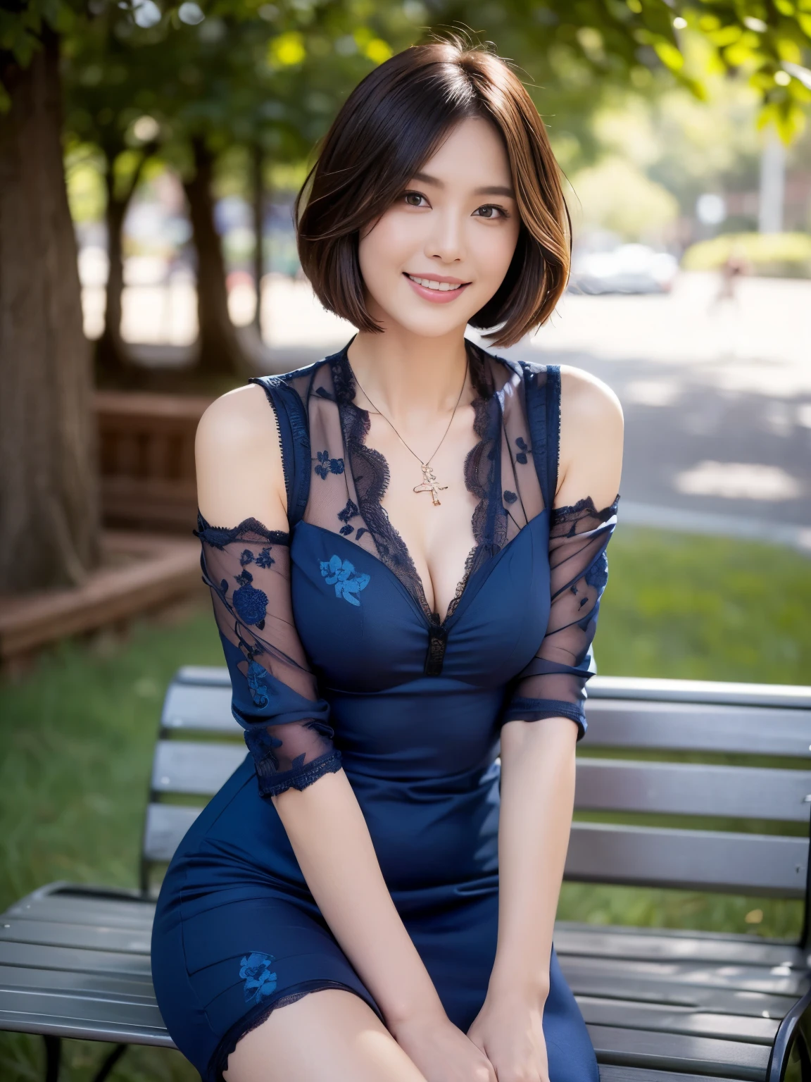 ((((highest quality))))、(((Ultra-high precision CG16K wallpaper)))、(((masterpiece)))、(((super detailed)))、(((super extreme details)))、one woman、mature woman、38 year old female、((Japanese face))、((very beautiful face))、((bob cut:1.2))、(curly hair)、Bangs up to the eyebrows、beautiful brown hair、beautiful and delicate eyes、brown eyes、high nose、small nostrils、seductive lips、half open mouth、beautiful breasts、C cup size breasts、cleavage、Beautifully proportioned proportions、perfect anatomy、beautiful and delicate shadows、beautiful natural light、Beautiful details shine、Depth of the bounds written、(((high color saturation)))、((realistic:1.9))、((Brilliant:1.4))、((beautiful skin))、((skin texture))、dynamic angle、((medium shot))、((Angle from the front))、((smile))、(staring eyes)、dazzling sunlight、((sit on a park bench))、(background blur)、((dark blue lace dress:1.5))、(No sleeve)、(ilver necklace)、((2 beautiful legs))、