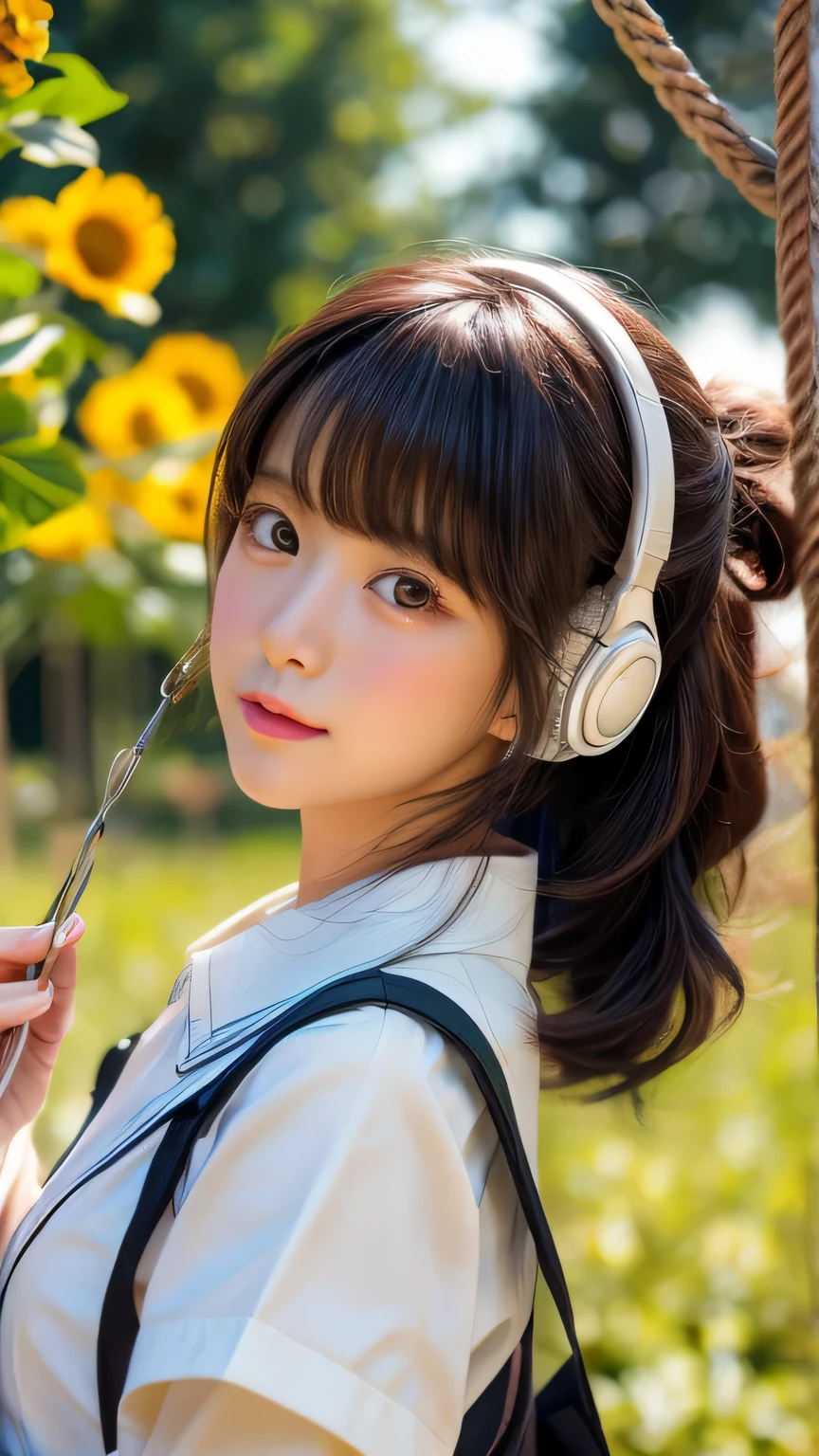 ((RAW Image Quality:1.4)), Girl with long hair and blue eyes in front of a colorful background, uniform, White thin blouse, see-through black bra, Big Breasts, Hair blowing in the wind, Cute girl visuals, Moe art style, Smooth art photography, Hololive, Visual novel, Beautiful school girl, headphone, Splash Art , hanayamata, Portraiture, Cute and realistic portrait, everyone, Official artwork