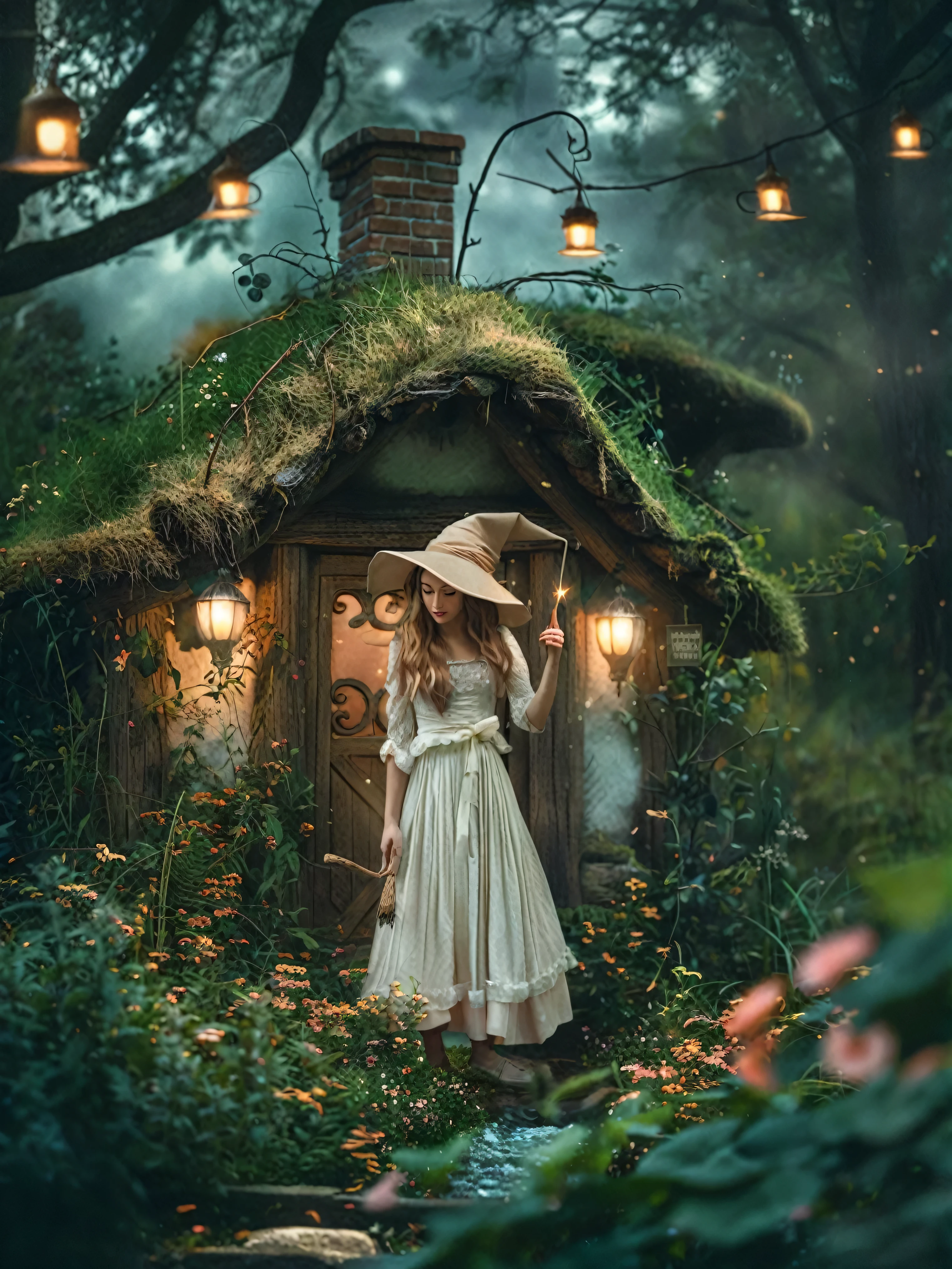 arafed woman in a white dress and hat standing in front of a house, beautiful render of a fairytale, fantasy fairytale story, witch cottage in the forest, witch fairytale, in a whimsical fairytale forest, very magical and dreamy, lost in a dreamy fairy landscape, ethereal fairytale, cottagecore, a maid in a magical forest, fantasy photography