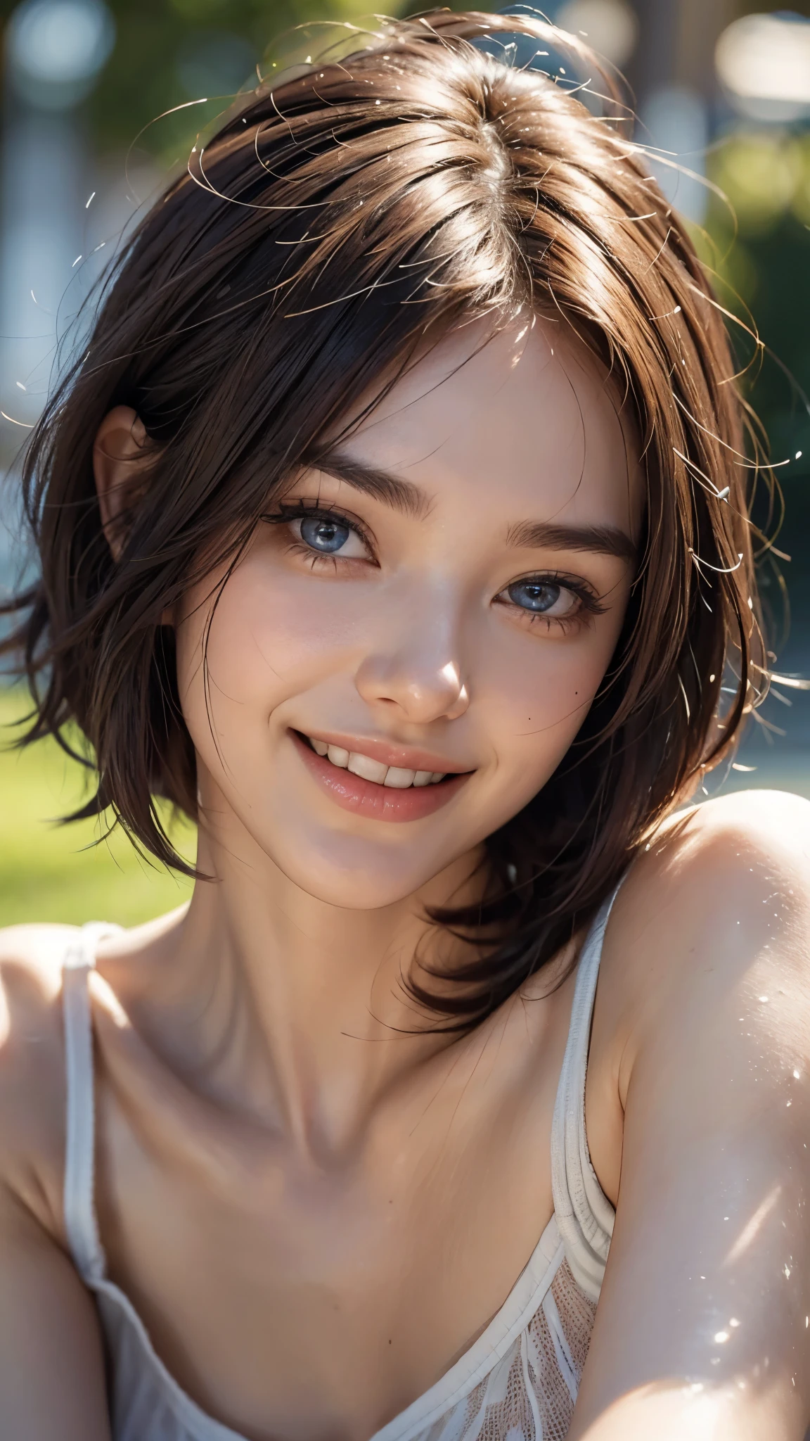 cute 26 year old,1 girl,slim face ,8K,Super realistic image quality,dynamic shadow,sparkling eyes,clear pale blue eyes,movie theater lighting,camisole,strong sunlight, ((face close up:1.4)),((A smile showing white teeth)),((Open mouth and smile happily)),((maroon short hair)),((very short bangs)),close, 8K, Raw photo, highest quality, masterpiece,realistic, photo-realistic,