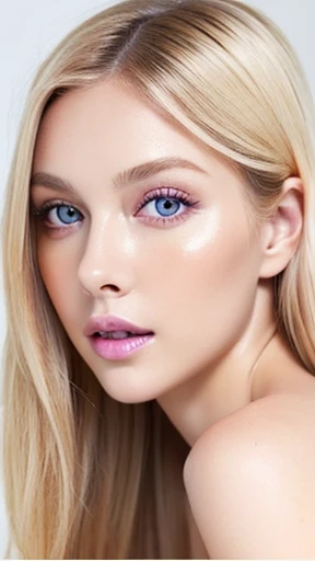 Beautiful white girl with nude lips looks to the camera. Stunning blonde girl. Young beautiful woman with a healthy clean skin. Symmetric face, symmetric eyes and violet eyes. Pretty woman with bright makeup of eyes.