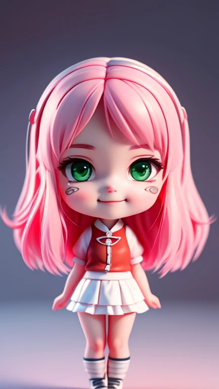 (nmasterpiece), (best quality), (Super detailed), (Whole human body: 1.2), 1 girl, Chibi T-Shi, Cutes, Smile with, Colorless background, seethru , Blushlush, : 3, length hair, blury,green eyes, pink hair, Blush Sticker, hair bangs, (Beautiful detailed face), (Beautiful detailed eyes), Whole human body,3D,UG rendering,OC rendering
