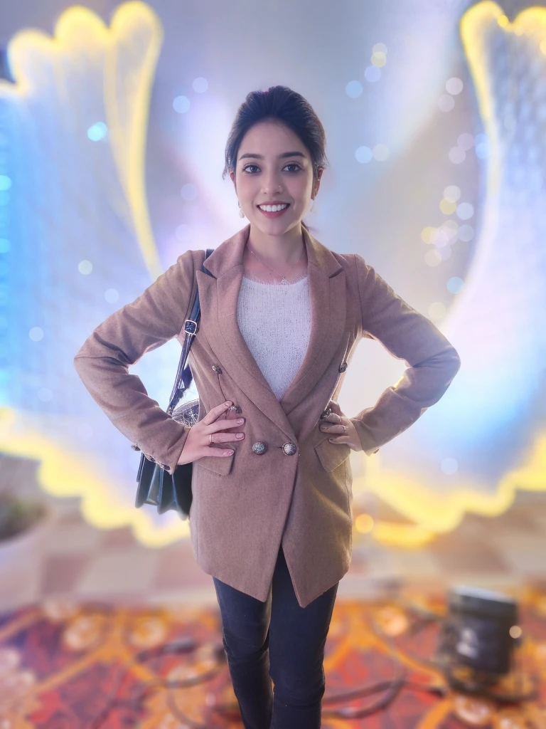 there is a woman standing in a room with a large angel wings, full body photogenic shot, wearing a fancy jacket, light brown coat, slightly blurred, stylish pose, casual pose, taken with canon eos 5 d mark iv, actress, appearing in a shopping mall, confident pose, satisfied pose, taken with canon eos 5 d, at night time, with lovely look