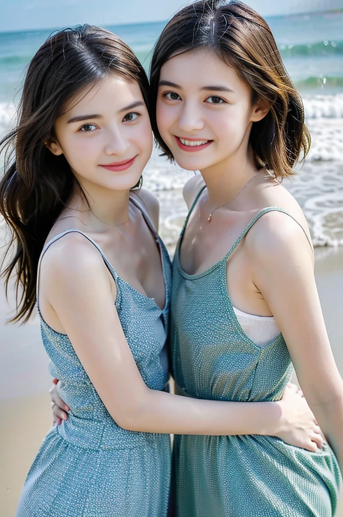 in 8K、top-quality、masterpiece、extremely delicate and beautiful、extremely details CG、Unity、(realisitic、Photorealsitic:1.8)、astonishing、finely detail、masterpiece、sand beach、(Two hugging Japan)、(Tiny white bikini)、Soft skin、exposed shoulder、exposed breast、(Wet white skin)、soaked、wetting hair、rays of sunshine