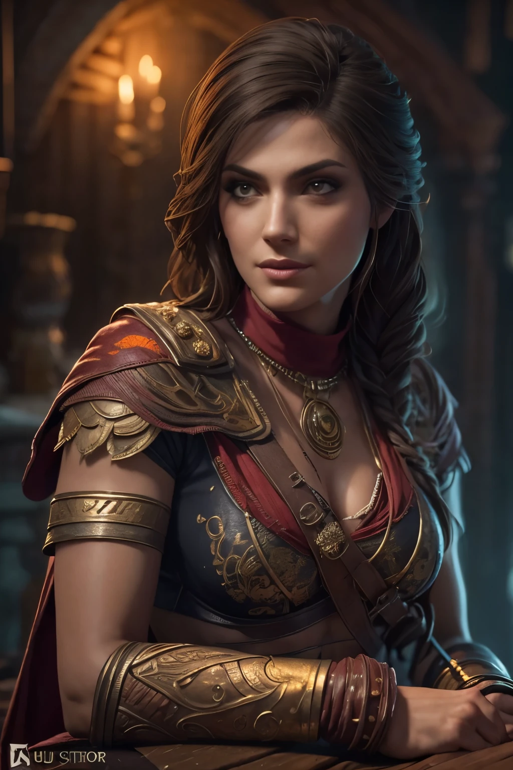 (best quality,ultra-detailed,realistic:1.37),(HDR,UHD,studio lighting),(portraits),(vivid colors),(warm color tones),(soft,moody lighting),(sharp focus),(bokeh),Kassandra,Assassin's Creed Universe,Kassandra's stunning face,Kassandra's piercing eyes,Kassandra's alluring gaze,Kassandra's seductive lips,Kassandra's flowing hair,Kassandra's confident and provocative smile,mysterious atmosphere,dark and gritty background,tattoos on Kassandra's body,ornate assassin gear,fierce and powerful stance,sparkling jewelry,dramatic lighting to accentuate facial features,subtle makeup,subtle hints of smoke or mist,nighttime setting,embers glowing in the background,subtle moonlight bathing the scene