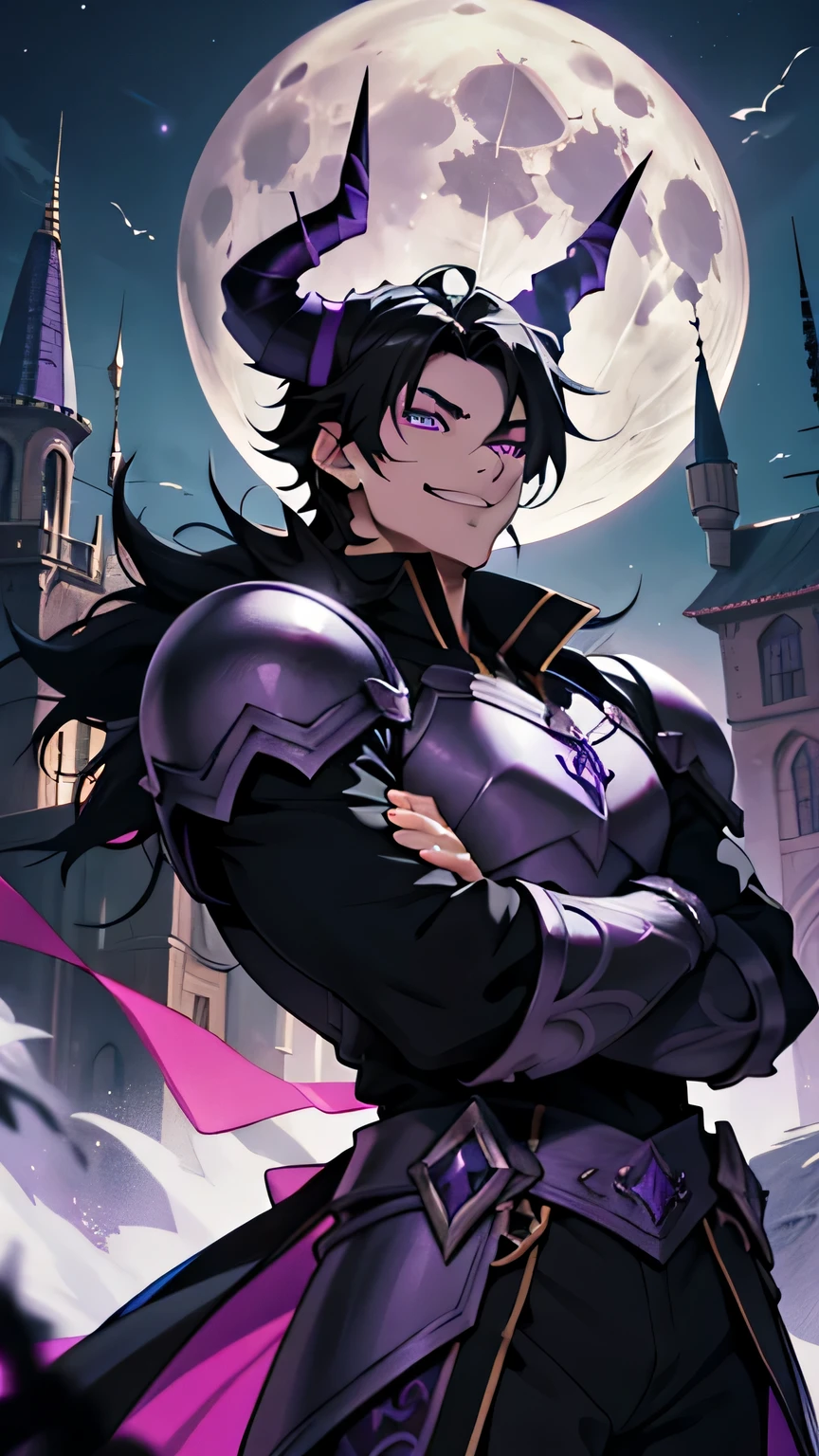 man, short black hair, purple horns, purple eyes, smile, strong, black and purple armor, anime style, dark castle in the background during a full moon night