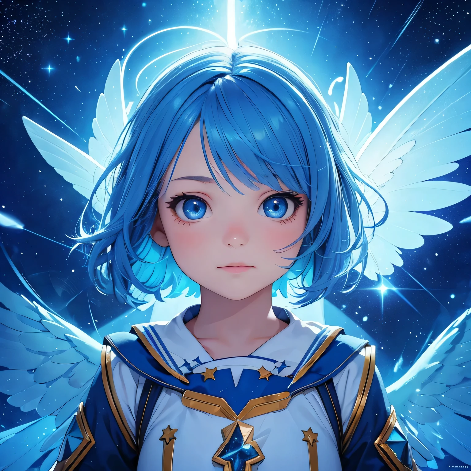 a  with blue wings and blue hair, in a sea of stars, with a yellow lightning aura, (best quality, highres), ultra-detailed, (realistic:1.37), vibrant colors, mesmerizing lights, ethereal atmosphere, dreamy scenery, fantasy theme, enchanting beauty