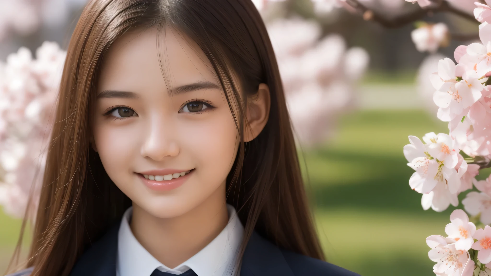 (1girl), (17yo), (young face:1.2), shy smile, (Best Quality:1.4), (Ultra-detailed), (extremely detailed beautiful face), Amazing face and eyes, brown eyes, (highly detailed Beautiful face), (high school uniform:1.2), (extremely detailed CG unified 8k wallpaper), Highly detailed, High-definition raw color photos, Professional Photography, Realistic portrait, Extremely high resolution, cute smiling, Cherry blossom trees,